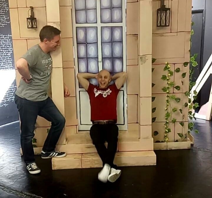 We have been sneaking into rehearsals with the hilarious @Threehalfpints. They seem to have a habit of falling into doors! #threemusketeers